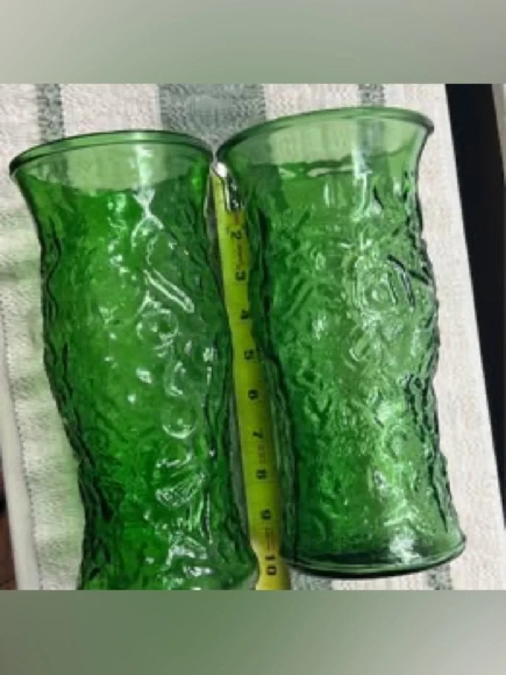 Pair of Vintage Green Textured Glass Vases